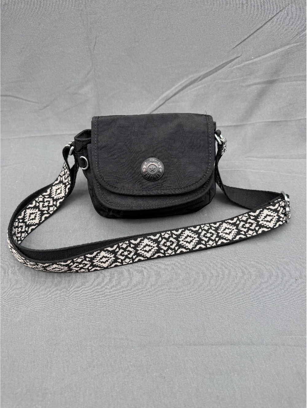 Kipling Small Black Crossbody Shoulder Bag with Patterned Strap